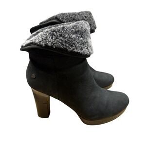 UGG Boots Womens Size 10 Black Shearling Lined Fold Over Cuff High Heel Platform